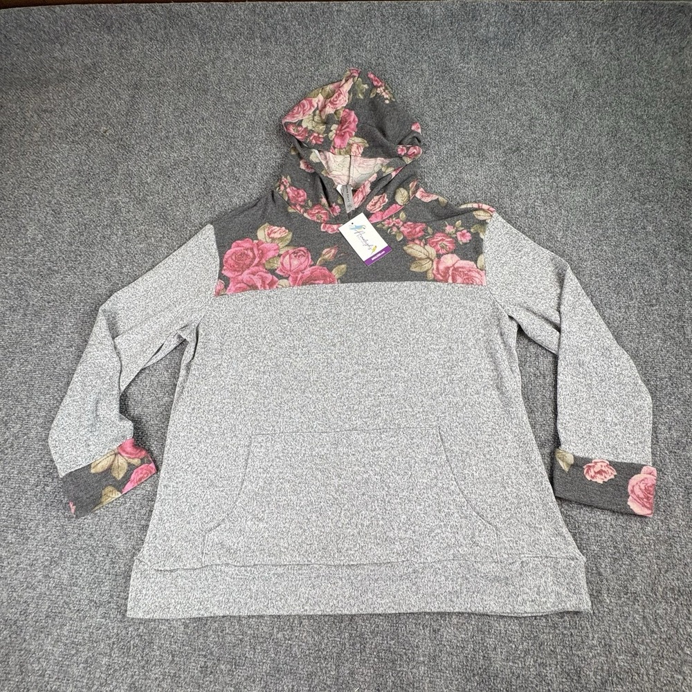 Honeyme Curvy Hoodie Womens XXL Gray Pink Roses Floral Colorblock‎ Cottagecore
